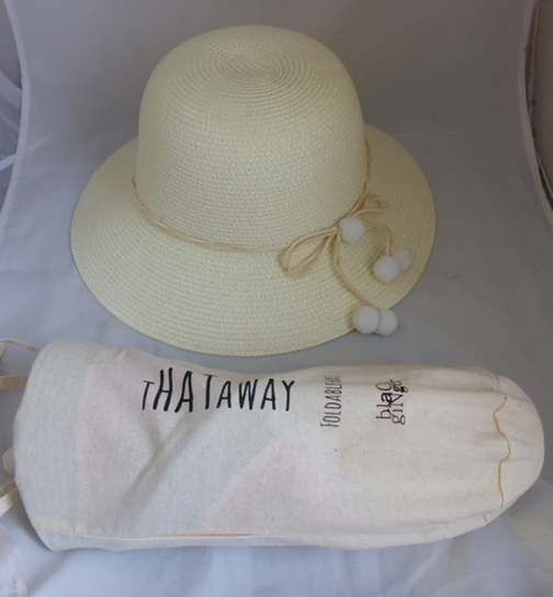 Black Ginger Cream PomPom Foldable Sun Hat + Travel Bag Roll‑Up Holiday Accessory 57cm Medium