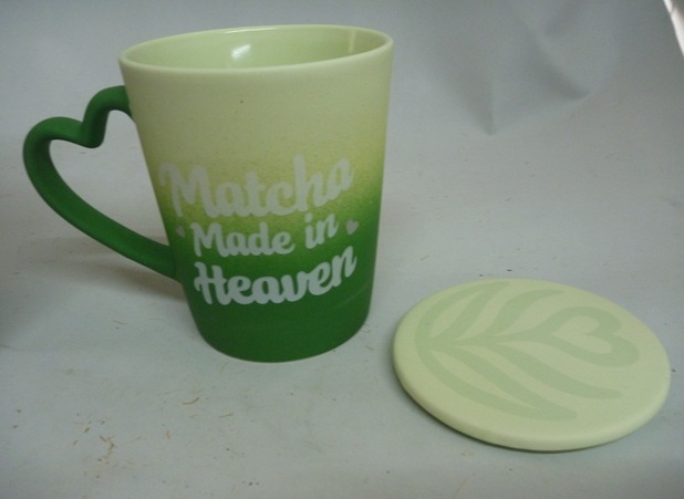 Matcha Made in Heaven Mug & Lid Coaster Set Green Ombre Heart Handle