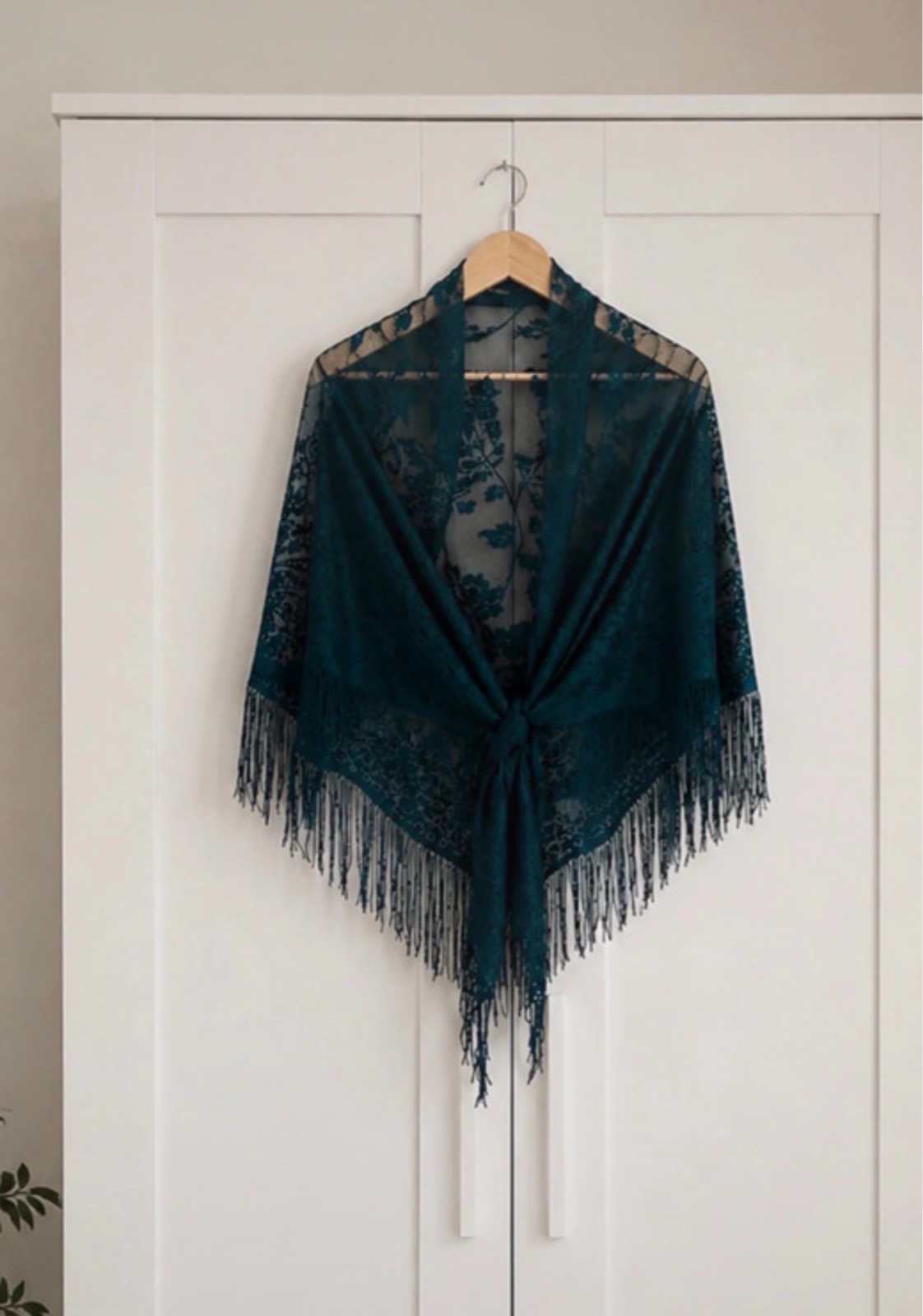Dark Green Lace Shawl Wrap One Size – Floral Sheer Fringe Scarf Kimono Evening Cover