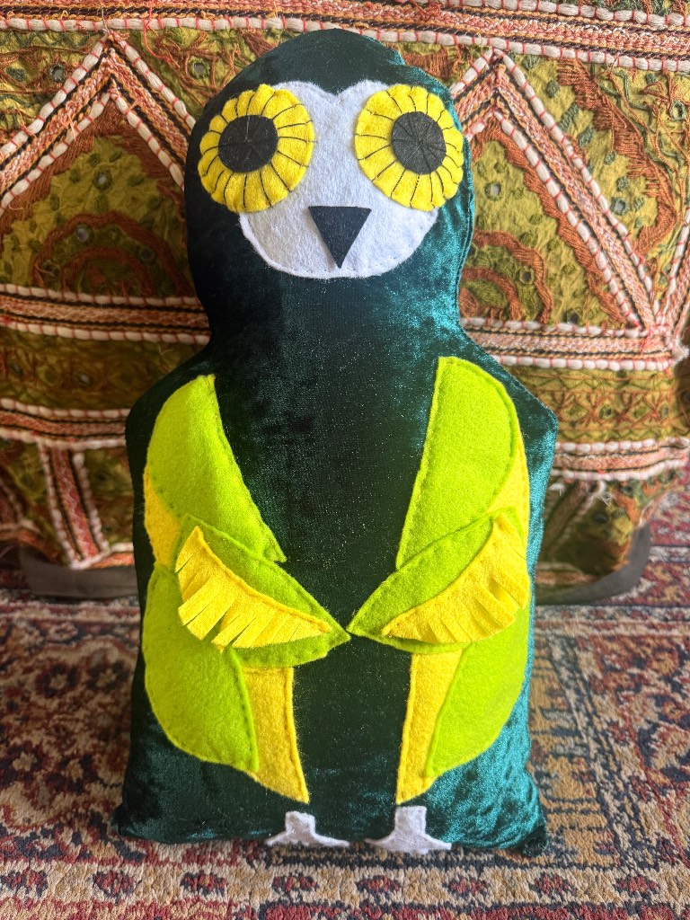 Velvet owl whimsical cushion plushie home decor boho hippy van life