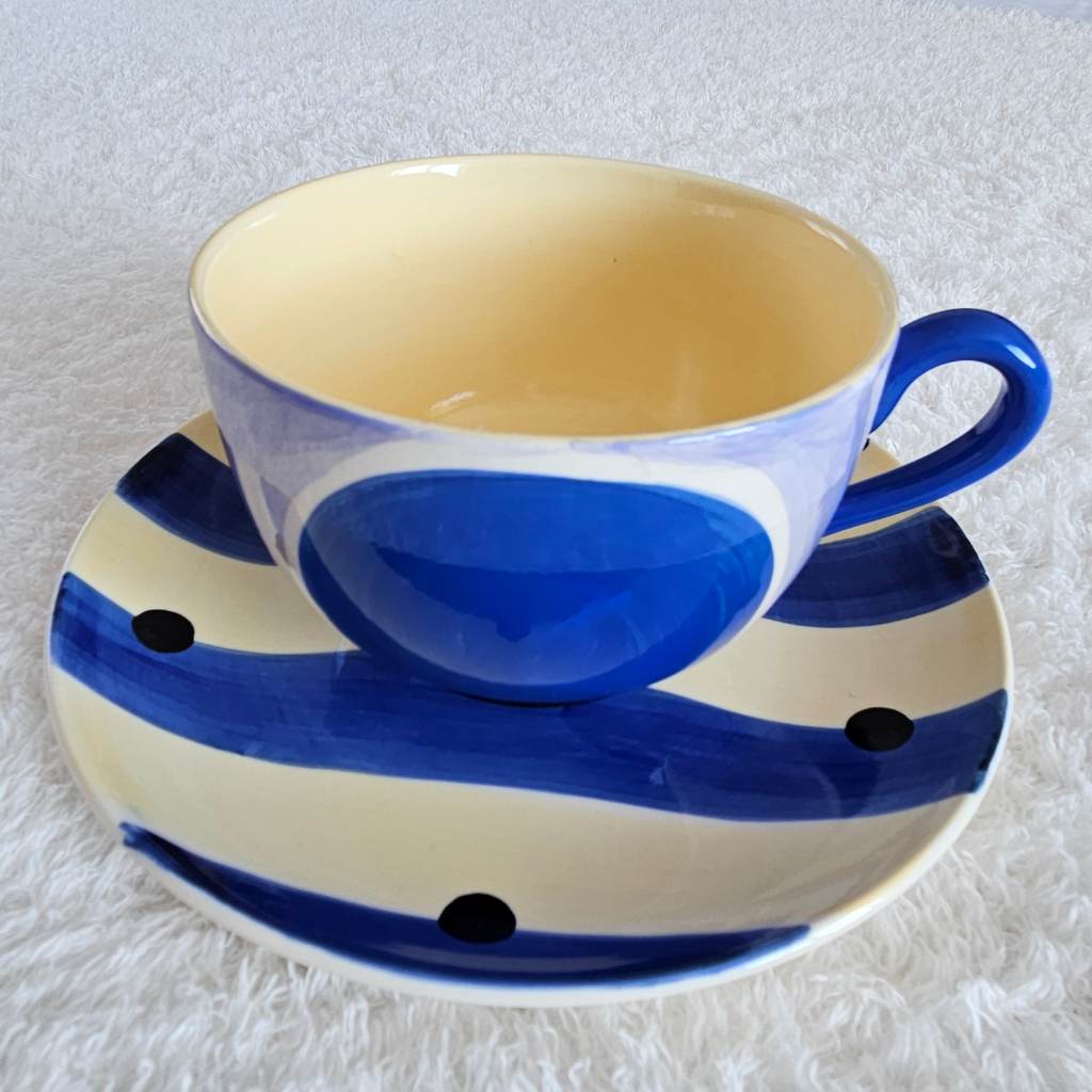 Whittard of Chelsea Blue Stripe Polka Dot Hand Painted Tea Cup Saucer Set Collectors Stoneware