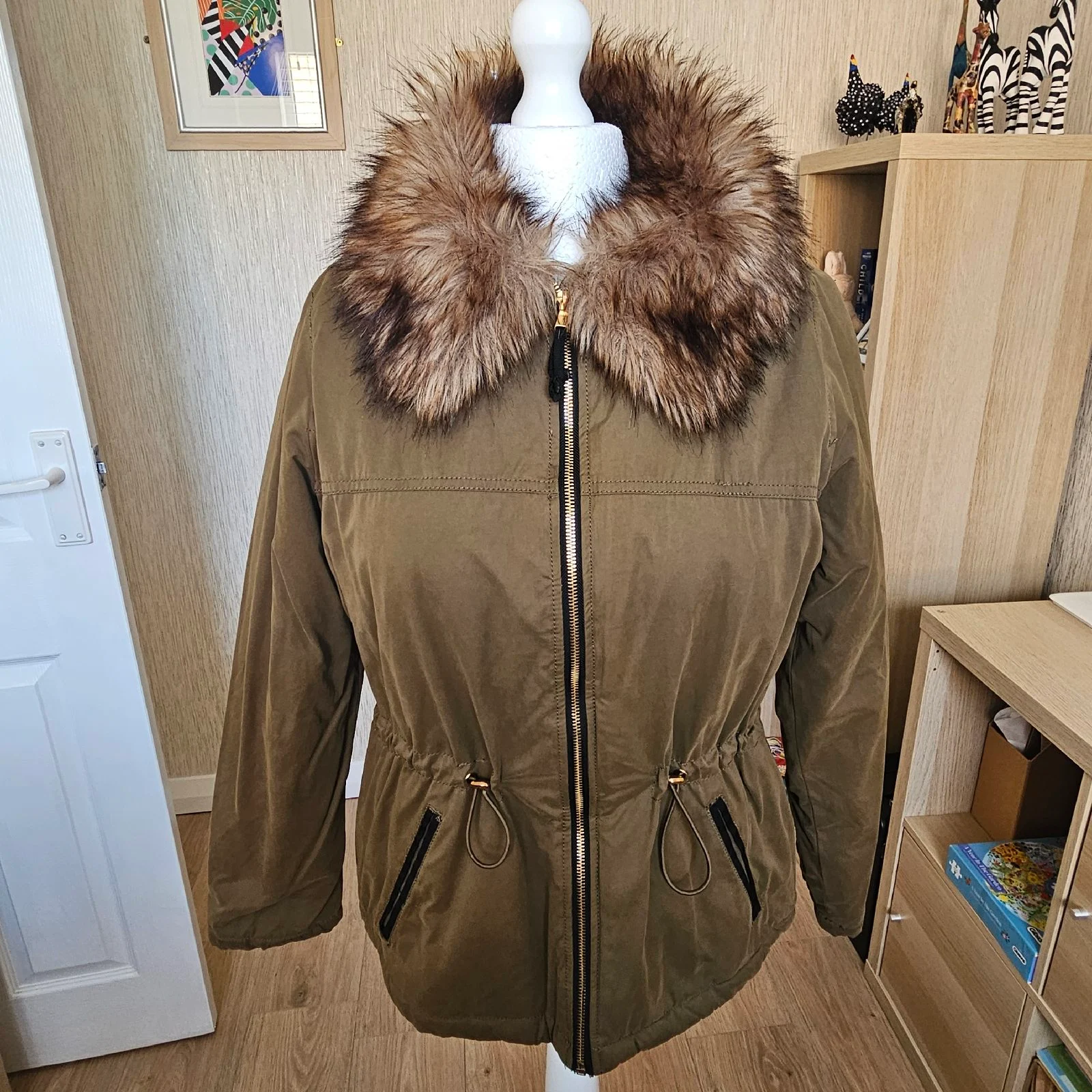 Papaya Khaki Winter Parka Jacket with Faux Fur Trim UK 14