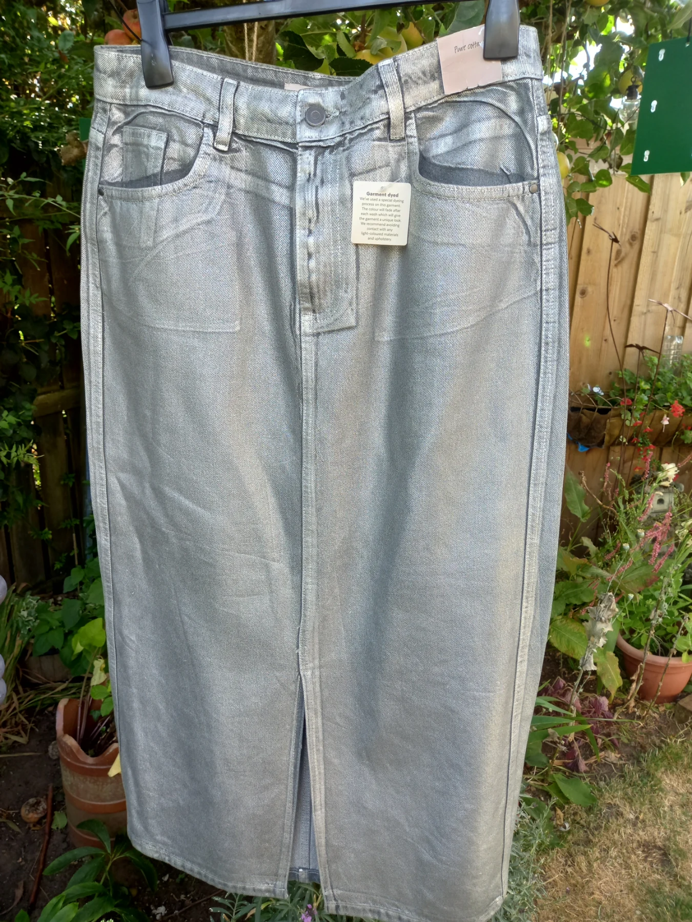New Silver metallic brushed denim midi skirt with a front slit, UK 14