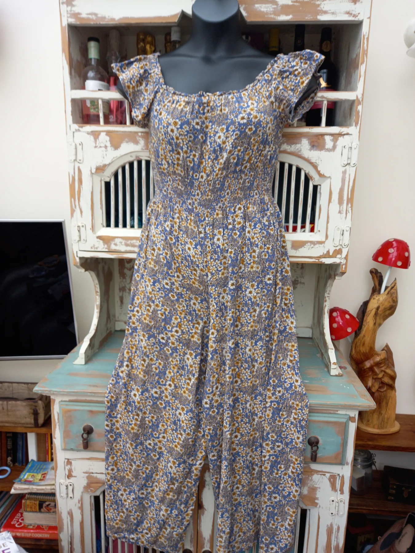 Boho Blue Ditsy Floral Smocked Jumpsuit - Size S