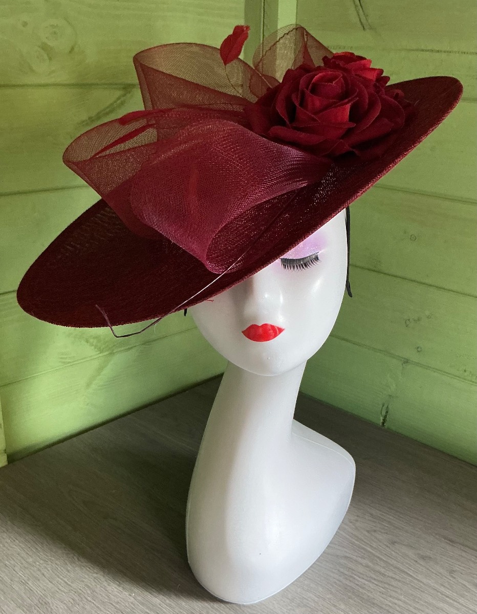 Fabulous Burgundy Net and Flower Fascinator Hatinator