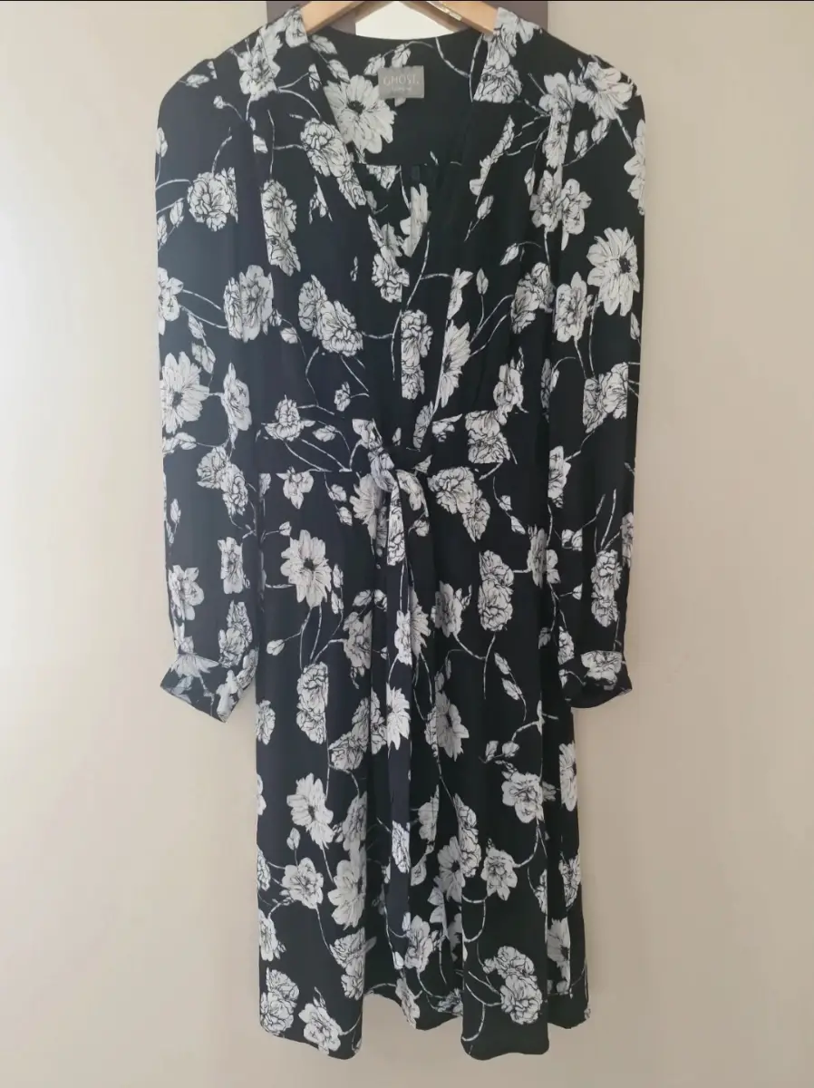 Ghost London designer long sleeve black floral dress size 8-10