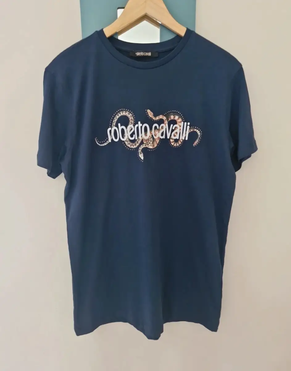 Roberto Cavalli navy blue cotton tshirt snakes and studs size XL