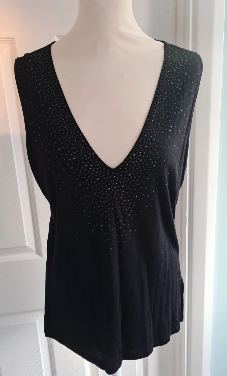 H&M Deep V Black Jewel Embellished Vest Top Size Large