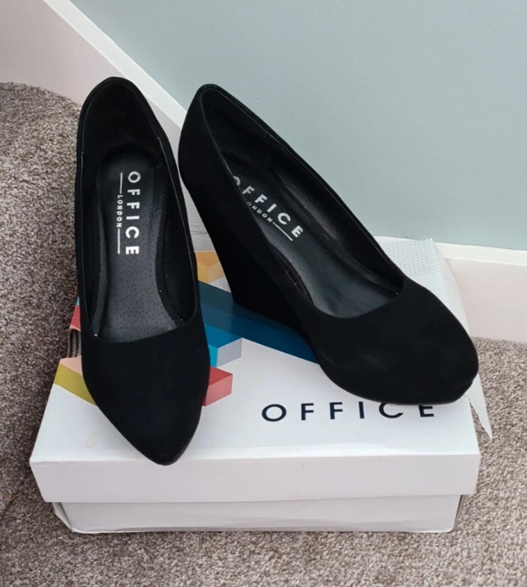 Office Black Suede Platform Wedges Size 5