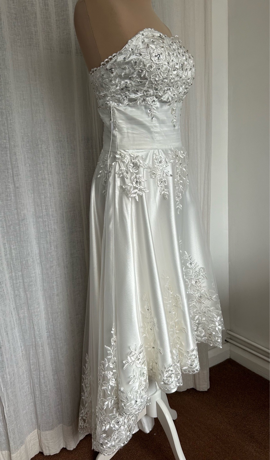 JJ’s House Ivory Satin & Tulle Beaded Dip Hem Bridal Dress - Size UK 10