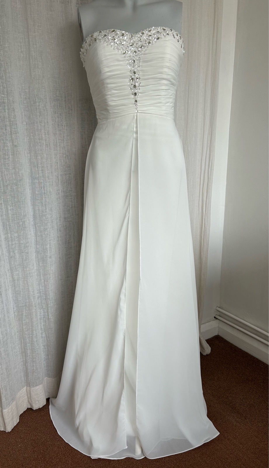 Vintage Strapless Ivory Chiffon Bridal Dress / Wedding Gown with Beaded Detail - Size UK 6