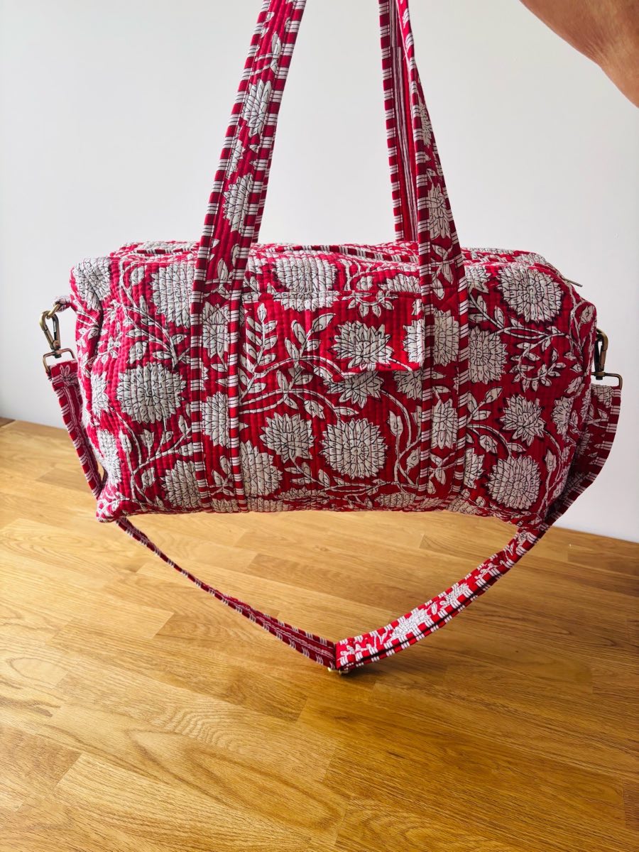 Brand New Boho Quilted Hold-All Bag – Block Print Crimson Flower Design