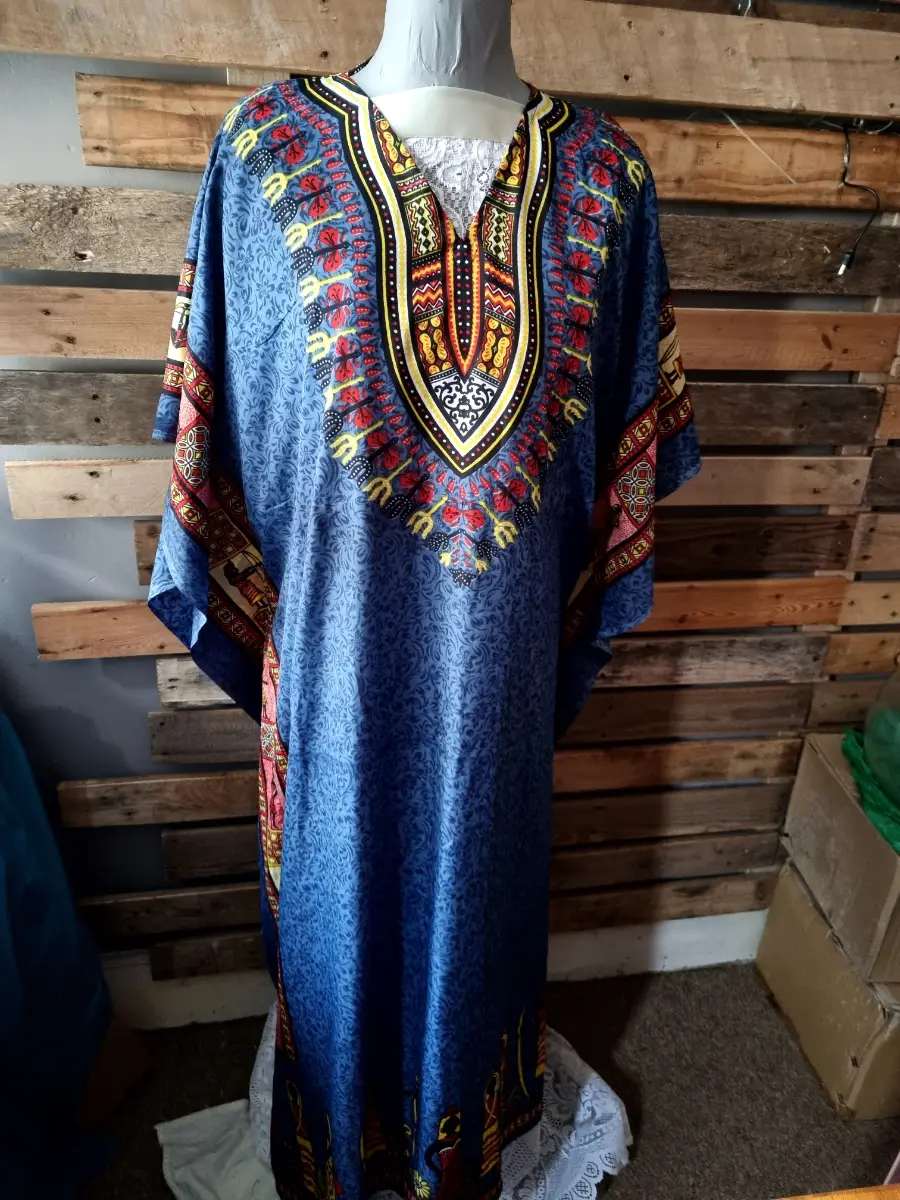 Blue free size long kaftan with egyption figures