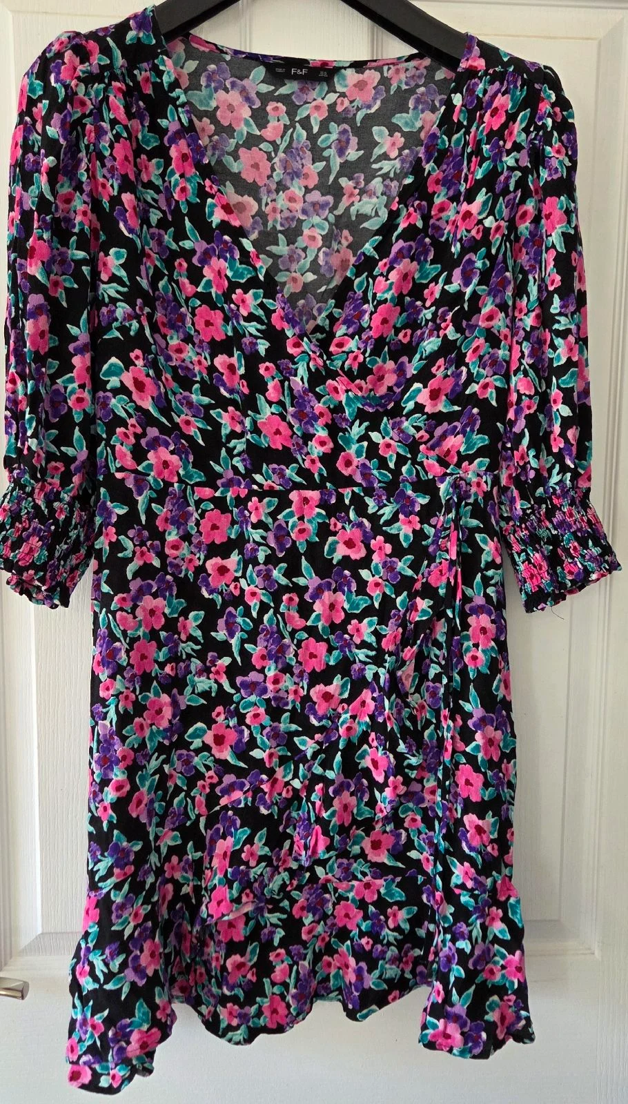 F&F Black Floral Print Knee Length 3/4 Sleeve Dress UK16