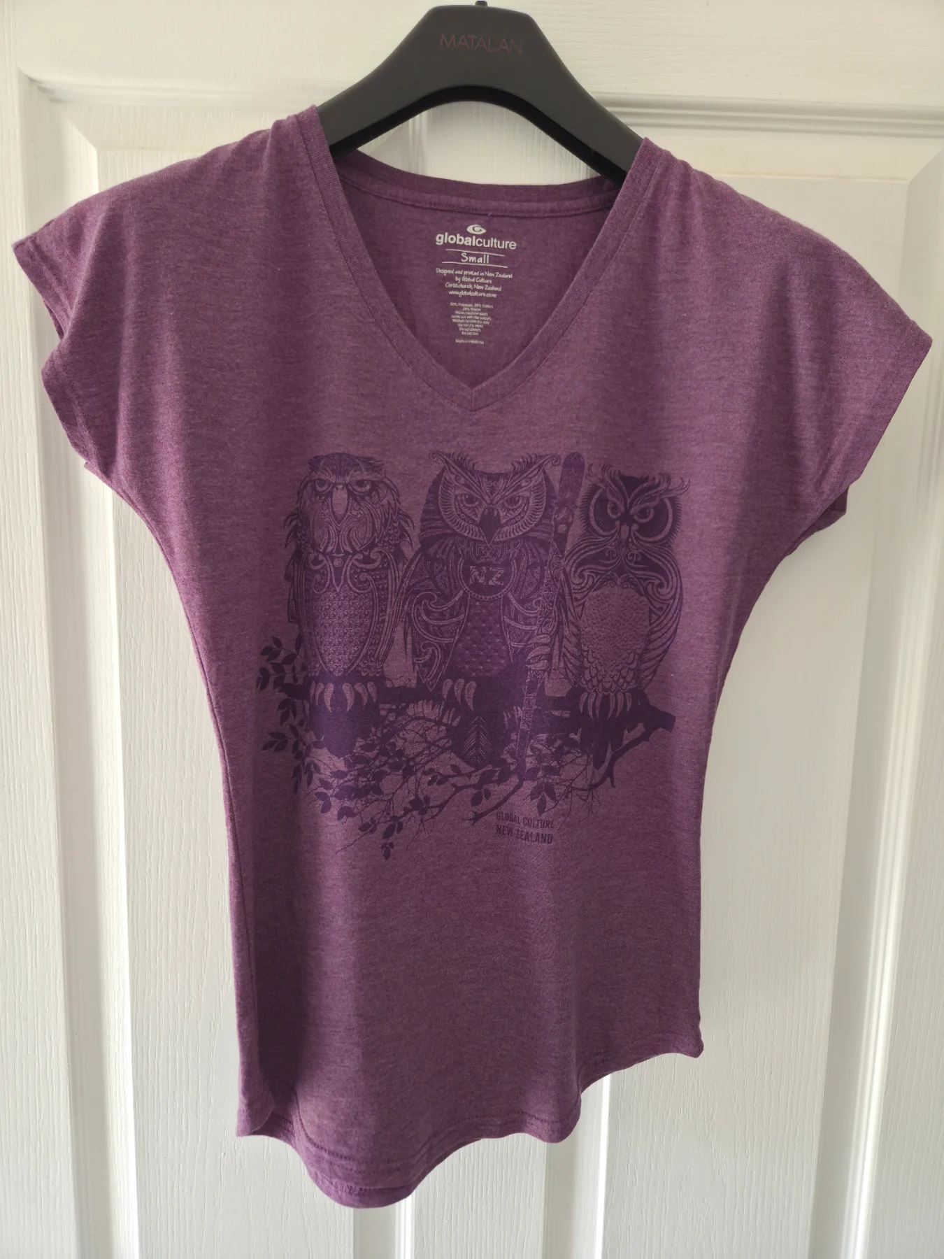 Global Culture NZ V Neck Purple Owl Sleeveless T-shirt Size S