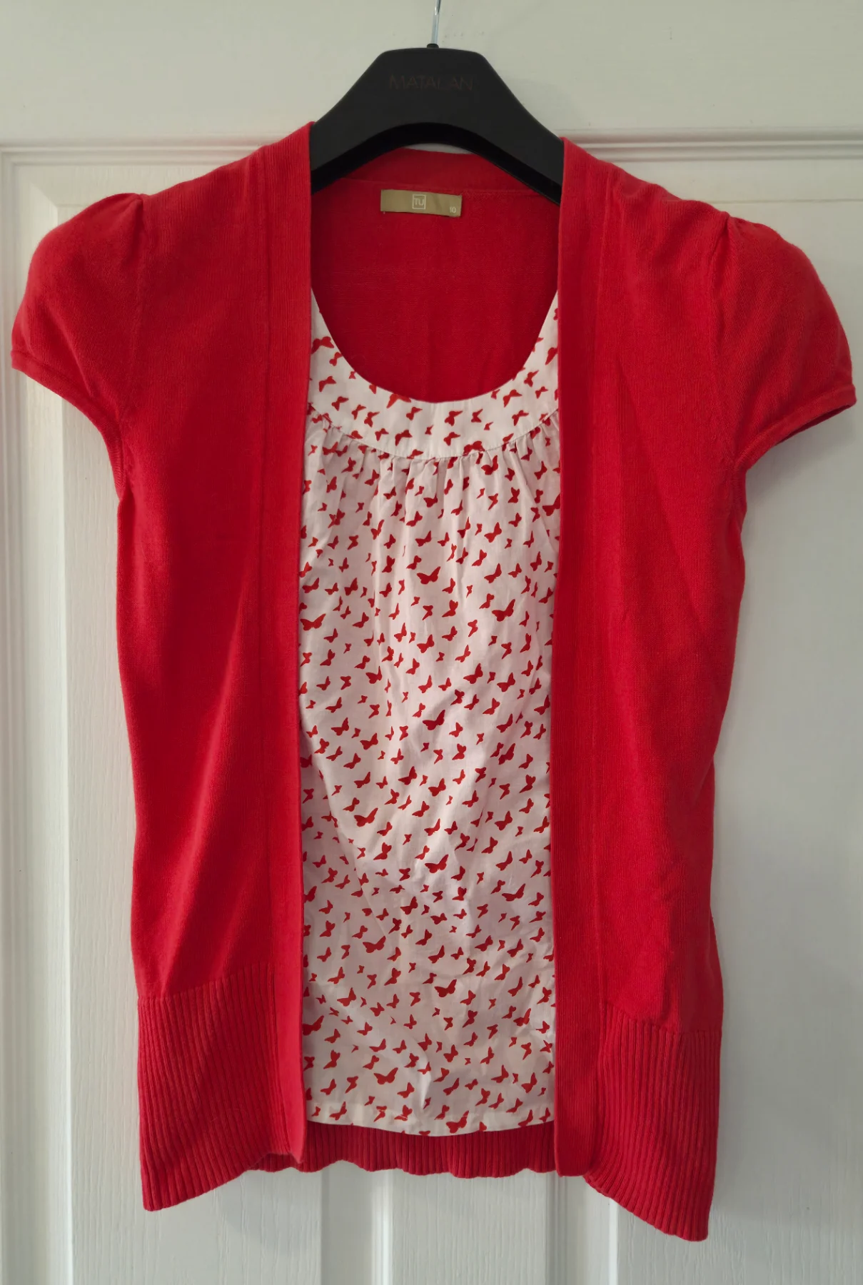 TU Red & White Top Looks Like Blouse & Cardigan Size 10