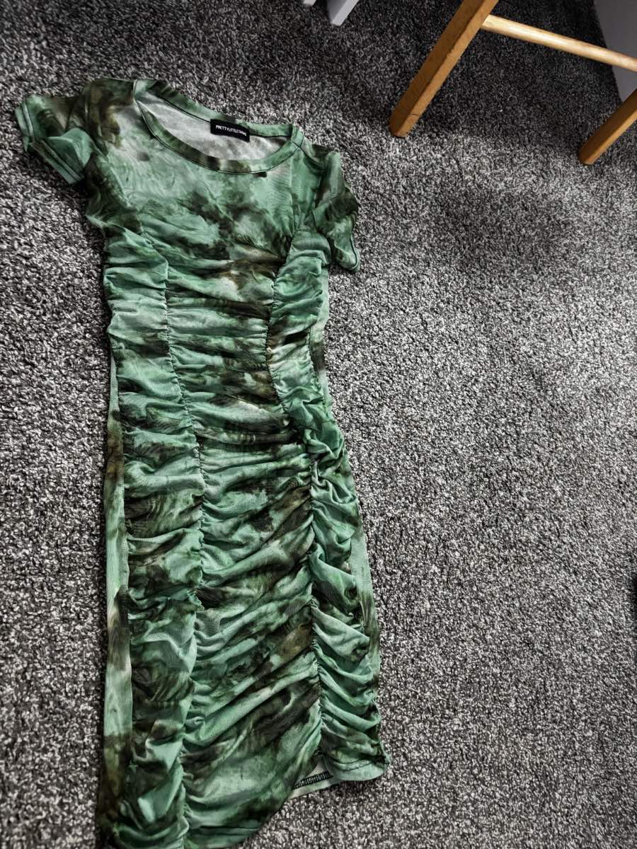 PLT Green Tie-Dye Mesh Ruched Dress UK 4