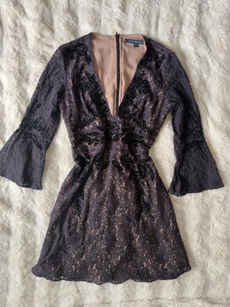 French Connection Black Lace Embellished Mini Dress UK 10 Beaded Floral V Neck Bell Sleeve