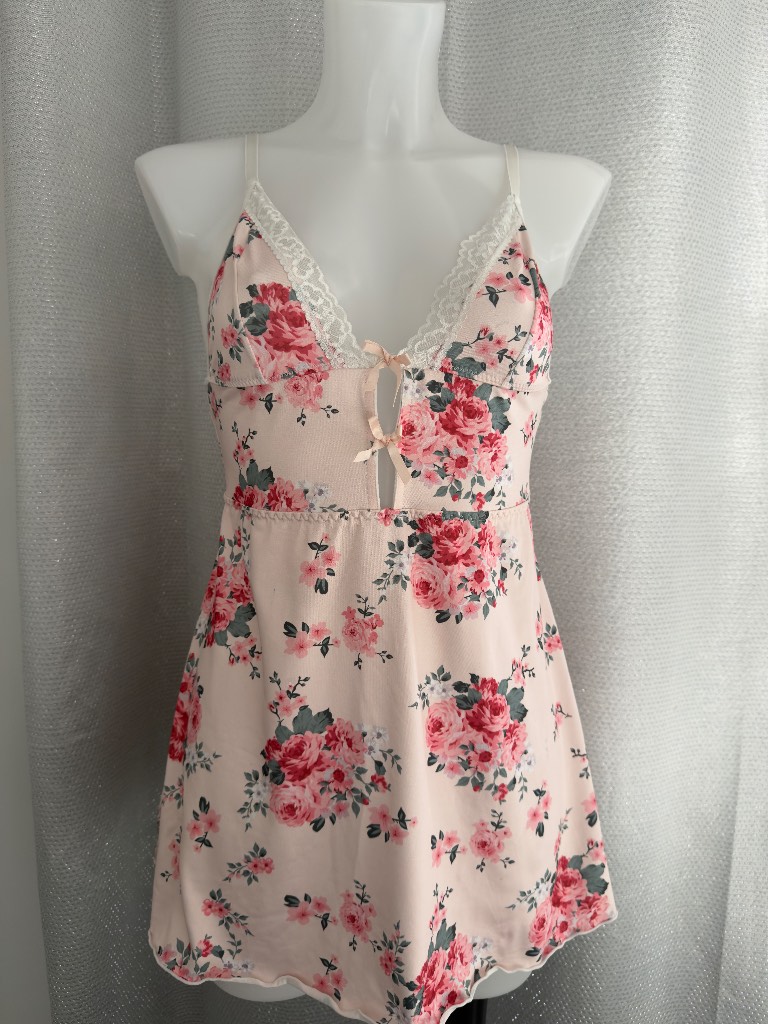 Pink Floral Lace Trim Babydoll Cami Top Size M UK 8-10 Y2K Coquette Cottagecore