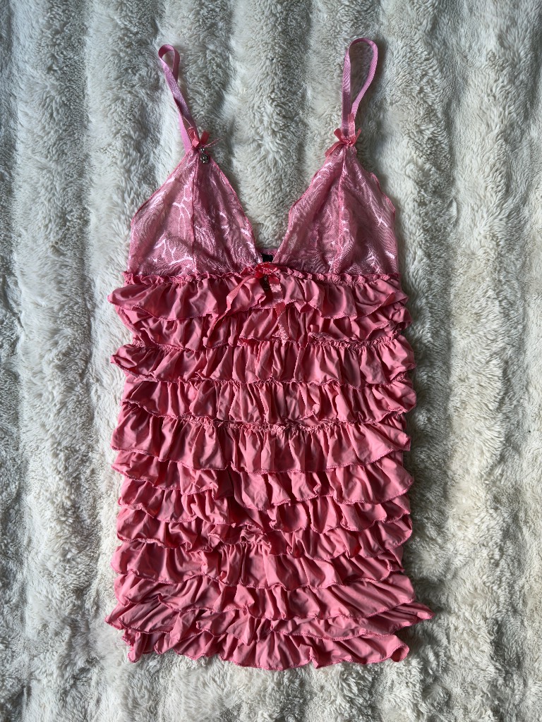 Happy Night Pink Ruffle Babydoll Chemise Nightdress L Sheer Lace Mesh Lingerie