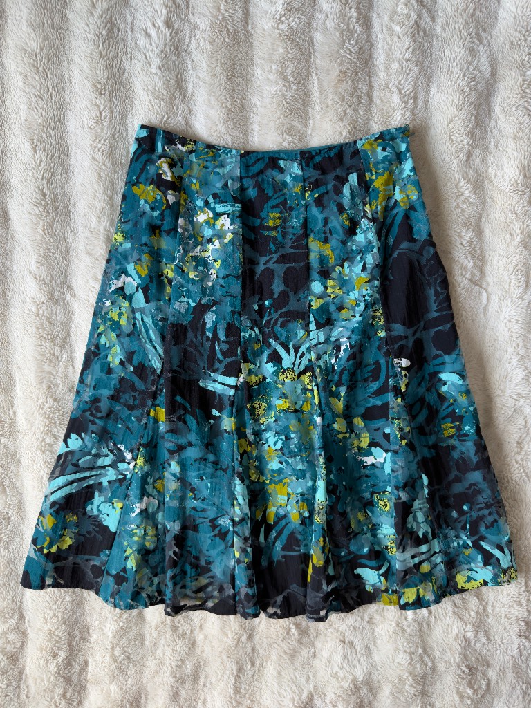 Per Una Blue Green Floral A Line Skirt UK 12 Pleated Flared Midi Knee Length Occasion