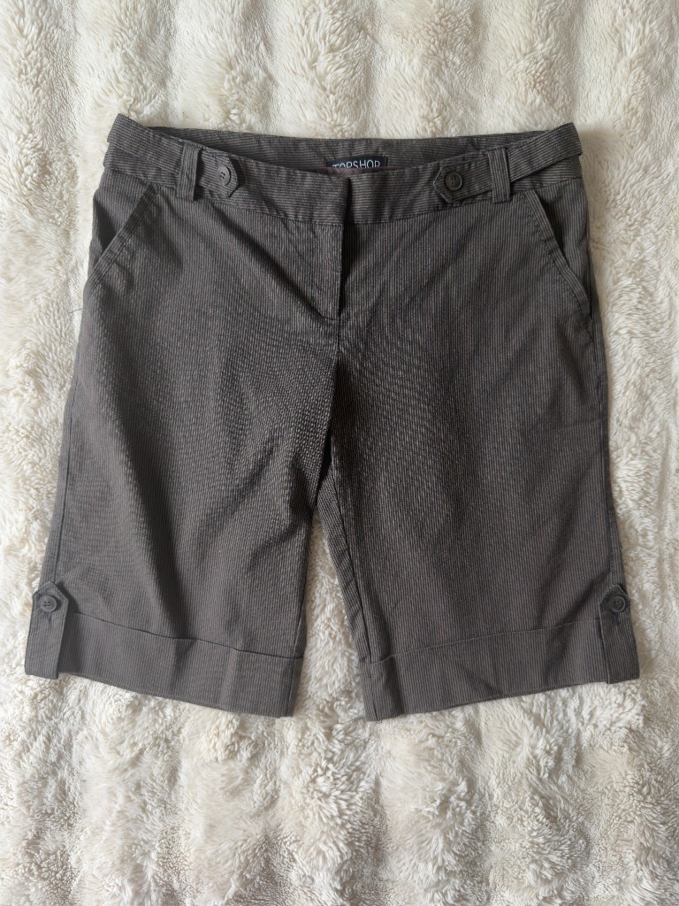 Topshop Grey Pinstripe Bermuda Shorts UK 10 Low Rise Tailored Y2K Office Smart Casual