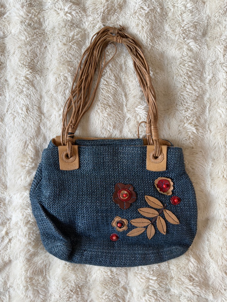 Tula Leather Raffia Shoulder Bag Blue Woven Tote Floral Appliqué Boho Y2K Handbag