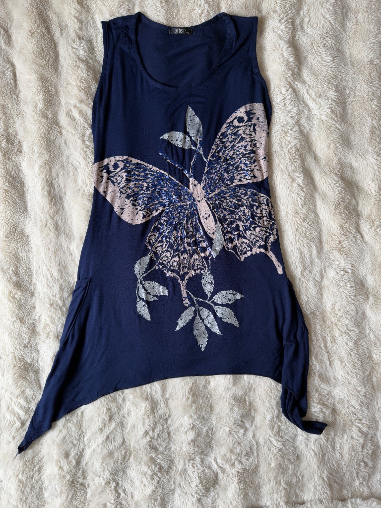 Krisp Navy Blue Butterfly Print Tunic Top Sleeveless Asymmetric Hem Sequin Detail Stretch