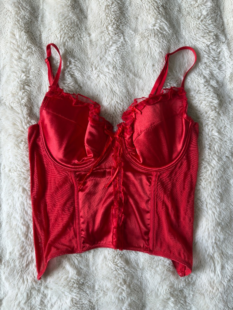 Y2K Red Satin Corset Cami Top UK 8-10 Ruffle Trim Mesh Bustier Lingerie Style Party Top