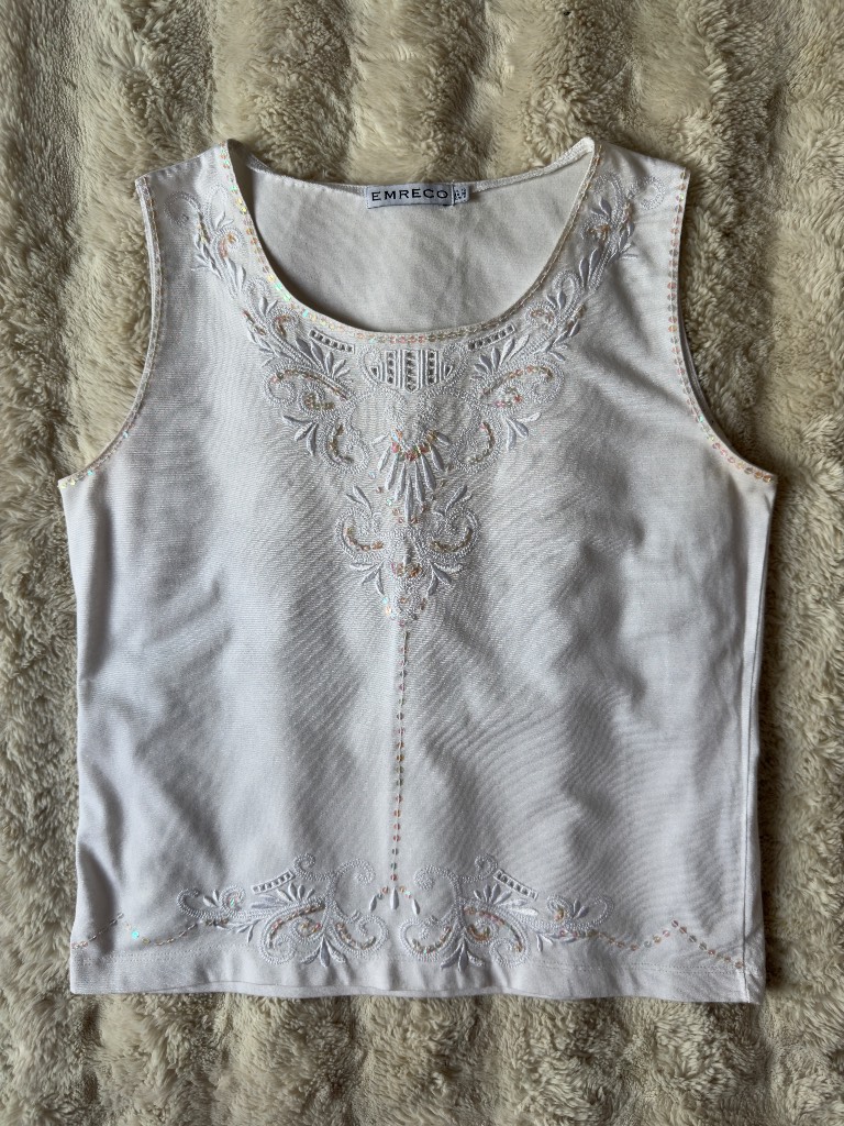 Emreco White Embroidered Sleeveless Top UK 12 Cotton Blend Sequin Detail Y2K Cottagecore