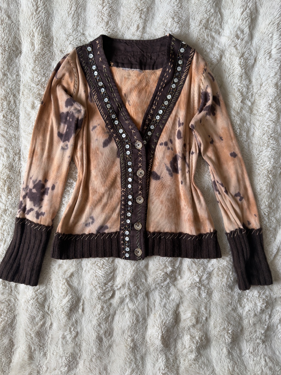 Marlboro Classics Beaded Tie Dye Cardigan UK 12 Boho Western Y2K Embellished Cotton Blend