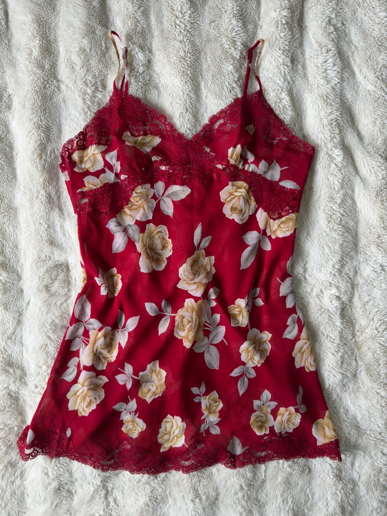 Vintage Victoria’s Secret Gold Label Floral Lace Slip Dress Nightdress Red Rose Print Size L Y2K