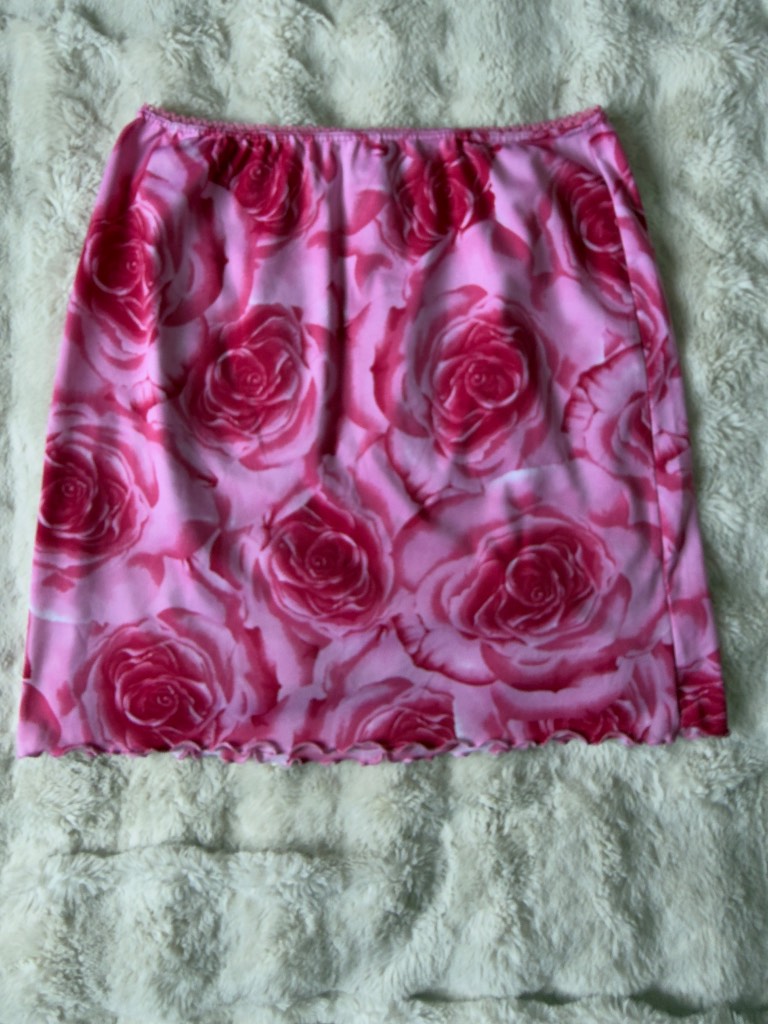 Ladies Pink Rose Print Mini Skirt Y2K Floral Stretch Bodycon UK 14 16