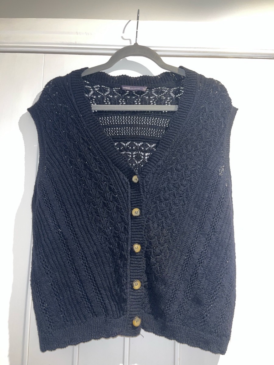 Marks & Spencer Navy Crochet Button Up Cardigan Sleeveless  Cotton Blend