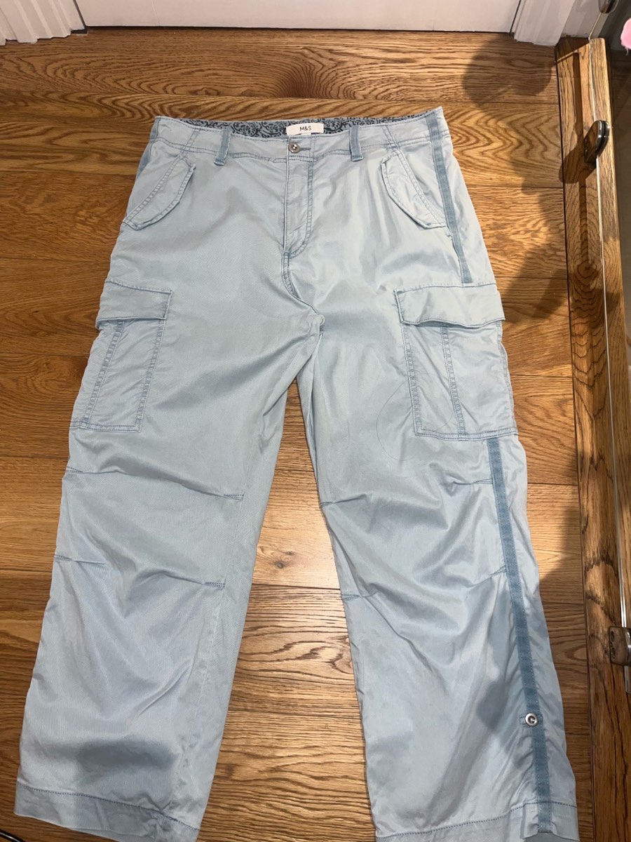 Marks & Spencer Light Blue Cargo Trousers Cropped 3/4 Length Y2K Utility Cotton Blend