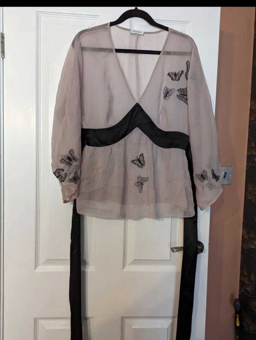 NEW PINK VOILE TUNIC WITH TIEBACKS, BUTTERFLIES