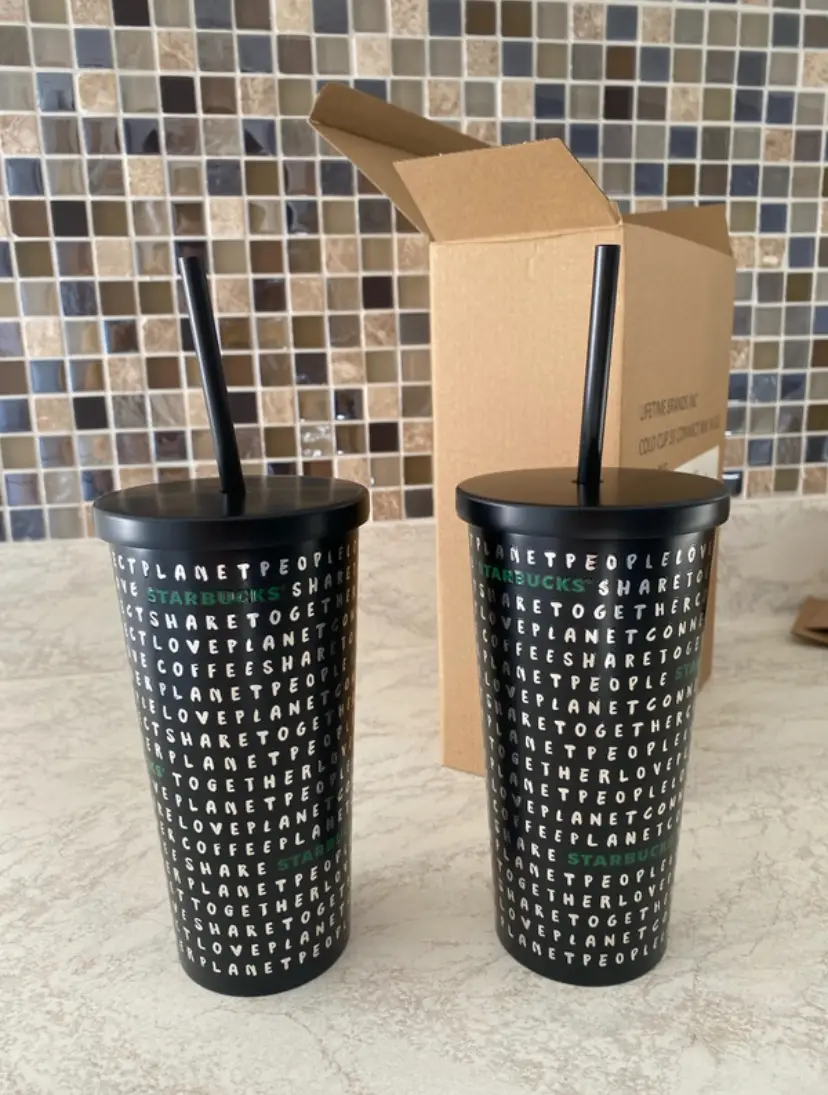 2x Starbucks Steel Tumbler Cups with Straws and Lids