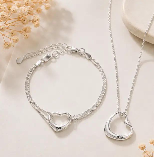 Sterling Silver S925 Necklace & Bracelet with velvet gift pouches