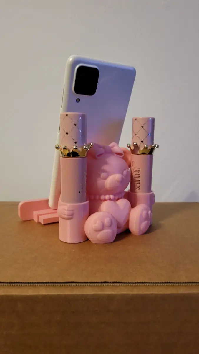 Cute Bear Phone Stand and Lipgloss Holder Makeup Organiser Baby Pink
