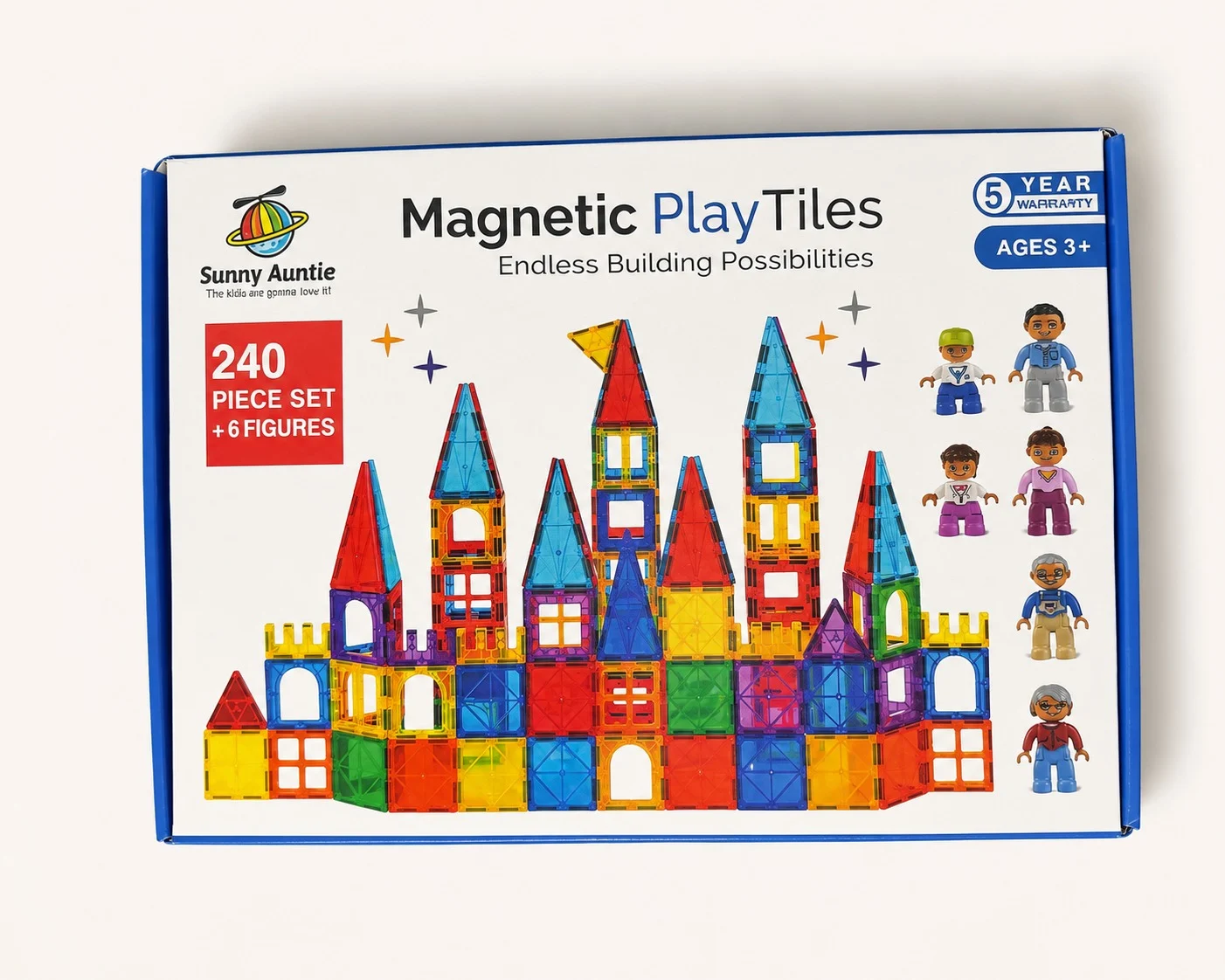 240 Piece Magnetic Tiles Building Set + 6 Figures STEM Construction Toy Kids 3+