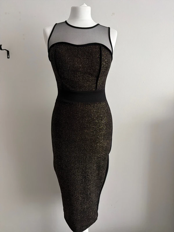 #043 Black fitted dress, mesh top, glitter, size approximately S