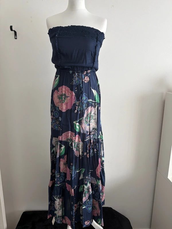 #055 River Island long navy blue dress with flowers, size UK 6 EUR 32