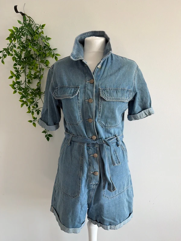 #023 F&F blue denim playsuit with pockets and tie size uk 10 eu 38