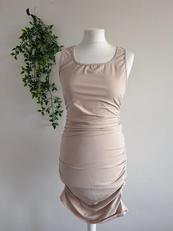 #016 Shein beige mini dress with ruffles on the side size M eu 38