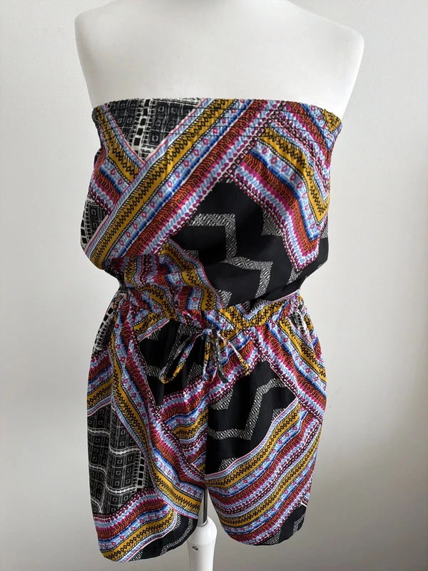 #009 Atmosphere jumpsuit with colorful patterns, off-the-shoulder, size uk 14 eur 42