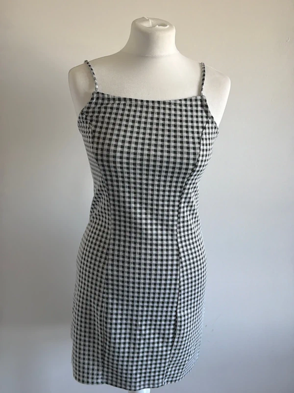 #006 Primark black and white checkered ,dress with straps, size uk8 eur 36,