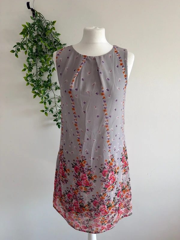 #035 Atmosphere grey dress with colourful flower pattern size 8