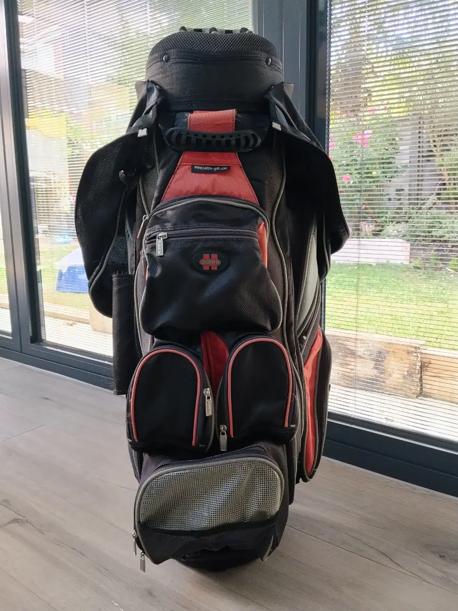 Hippo Golf Cart Bag Black Red 14-Way Divider Trolley Bag Rain Hood Included