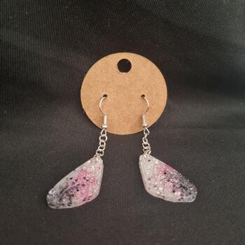 Clear Resin Pink & Black Glitter Wing Drop Earrings