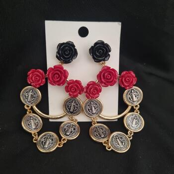 Gold-Tone Statement Drop Earrings with Black & Red Roses and Saint Benedict Medals
